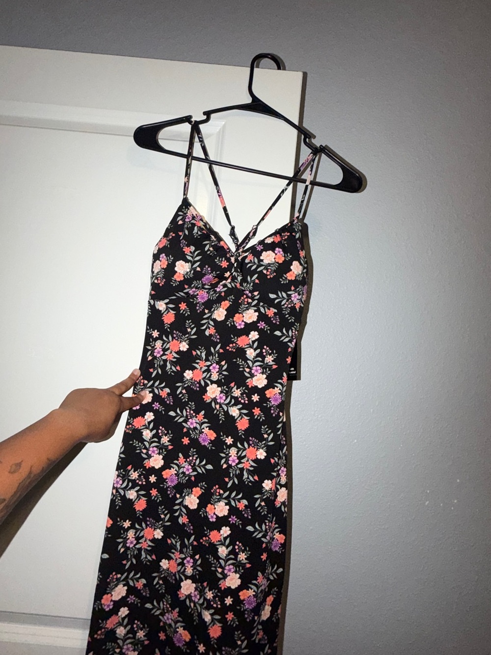 Black Floral Slip Dress with Pink & Purple Blooms